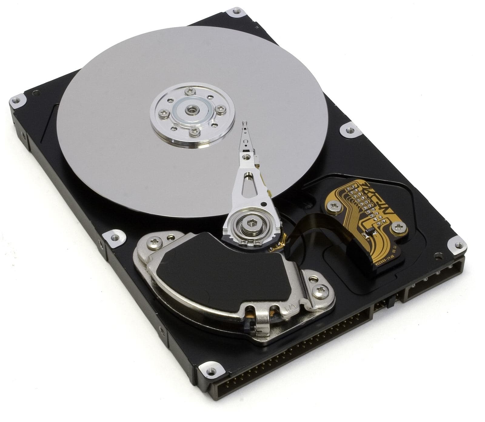Close-up of an open hard drive with the platter and read/write head exposed during a data recovery job